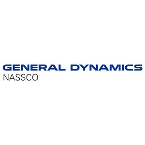 General Dynamics NASSCO logo, featuring bold blue uppercase text for 'GENERAL DYNAMICS' and black uppercase text for 'NASSCO' below it.