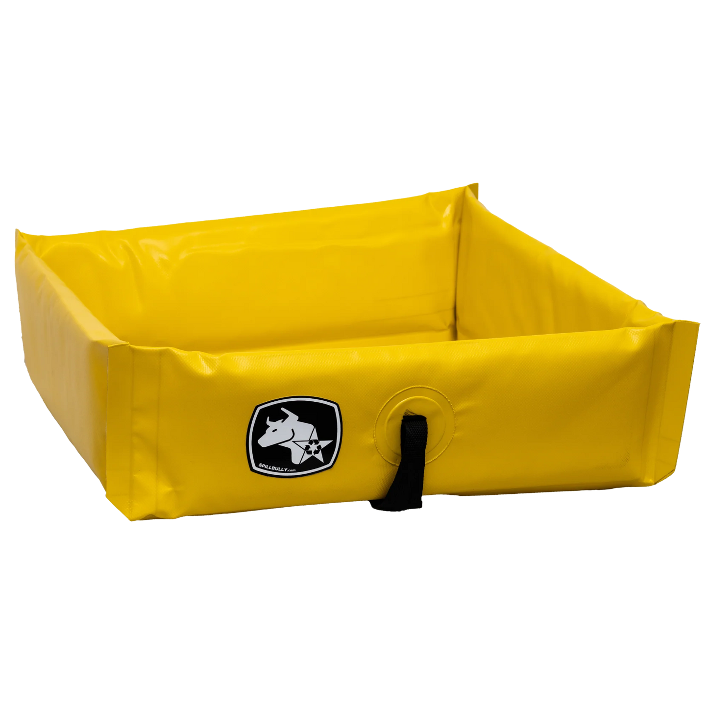 Yellow portable spill containment berm with flexible walls and a black drain port.