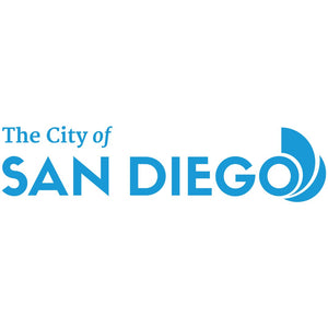 San Diego city logo in blue, featuring modern typography and stylized wave design representing the city's identity.