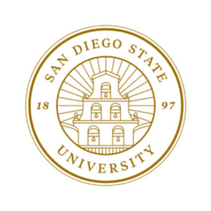 Seal of San Diego State University, featuring an illustration of a historic building with radiating lines and the founding year, 1897.