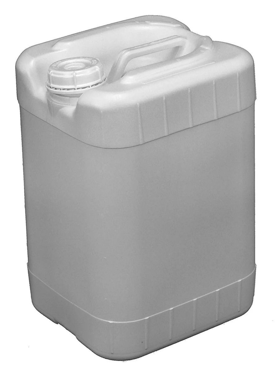 White plastic jerry can with a secure screw cap and built-in handle for easy carrying and storage.