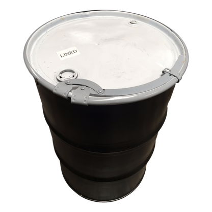 55-gallon reconditioned black metal drum with open top and lined interior.